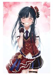 Rule 34 | 1girl, absurdres, black hair, blush, chase! (love live!), closed eyes, commentary, earrings, fingerless gloves, frontrivers kae, gloves, gradient background, grin, hair ornament, hat, highres, jewelry, love live!, love live! nijigasaki high school idol club, microphone, one side up, pink background, red background, sidelocks, smile, solo, upper body, white background, yuki setsuna (love live!)