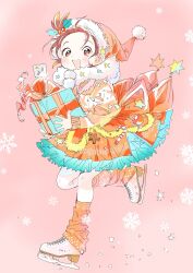 Rule 34 | 1girl, :d, bow, brown hair, candy, candy cane, child, christmas, dot nose, food, forehead, fur collar, gift, gingerbread man, hat, highres, holding, holding gift, holly, ice skates, looking at viewer, medalist (manga), mistletoe hair ornament, open mouth, orange leg warmers, orange socks, pink background, pom pom (clothes), red eyes, santa hat, short hair, skates, smile, snowflake background, snowflakes, socks, solo, standing, standing on one leg, star (symbol), sweater, tsurumai kada, yuitsuka inori