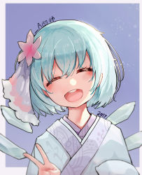 Rule 34 | 1girl, 2017, ^ ^, absurdres, bad id, bad pixiv id, blue hair, bow, cirno, closed eyes, fairy wings, hair bow, happy new year, highres, ice, ice wings, japanese clothes, kimono, kiyomasa ren, new year, open mouth, short hair, smile, solo, touhou, v, wings
