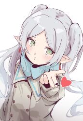 Rule 34 | 1girl, blowing kiss, blue bow, blue scarf, blush, bow, brown coat, buttons, coat, commentary request, double-breasted, earrings, elf, eyelashes, frieren, frieren blowing a kiss (meme), green eyes, grey hair, heart, highres, jewelry, looking at viewer, looking to the side, meme, o3o, parted bangs, pointing, pointing at viewer, pointy ears, puckered lips, scarf, scarf bow, shin murasame, short eyebrows, sideways glance, sousou no frieren, thick eyebrows, twintails, w