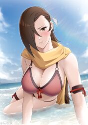 Rule 34 | 1girl, alternate costume, beach, bikini, blue sky, blush, breasts, brown eyes, brown hair, cleavage, cloud, commentary request, day, fire emblem, fire emblem fates, furo atsushi, hair over one eye, highres, kagero (fire emblem), large breasts, lips, long hair, looking at viewer, navel, nintendo, one eye covered, outdoors, pink bikini, pink lips, red bikini, scarf, sitting, sky, solo, stomach, sunlight, swimsuit, twitter username, very long hair, water, wet, yellow scarf