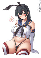 Rule 34 | 1girl, agano (kancolle), aqua eyes, bare shoulders, black hair, black hairband, black panties, blush, breasts, closed mouth, cosplay, cowboy shot, crop top, cropped legs, ebifurya, elbow gloves, frown, gloves, hairband, highleg, highleg panties, highres, kantai collection, large breasts, long hair, looking at viewer, navel, no pants, one-hour drawing challenge, panties, plump, sailor collar, school uniform, serafuku, shimakaze (kancolle), shimakaze (kancolle) (cosplay), sideboob, solo, stomach, striped clothes, striped thighhighs, thick thighs, thighhighs, thighs, thong, twitter username, underwear, white background, white gloves