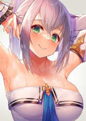 Rule 34 | 1girl, armpits, arms up, bare shoulders, braid, breasts, cleavage, detached sleeves, green eyes, grey hair, hololive, kibanda gohan, large breasts, long hair, long sleeves, looking at viewer, ponytail, shirogane noel, shirogane noel (5th costume), shirt, sidelocks, smile, solo, strapless, strapless shirt, upper body, virtual youtuber, wet, white shirt