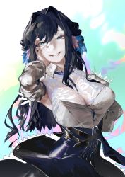 Rule 34 | 1girl, absurdres, arknights, armpits, astesia (arknights), black hair, blue eyes, blush, breasts, clothes lift, detached sleeves, grin, hand on own cheek, hand on own face, highres, large breasts, skirt, skirt lift, smile, solo, star-shaped pupils, star (symbol), symbol-shaped pupils, waterswing