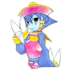 Rule 34 | 1girl, blue skin, capcom, colored skin, flipped hair, full body, hat, lei lei, qingdai guanmao, simple background, solo, standing, vampire (game), white background