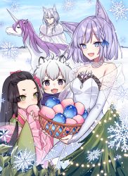 Rule 34 | 1boy, 1other, 2girls, :d, ahoge, animal ears, basket, black hair, blue eyes, bow, christmas tree, closed mouth, cloud, cloudy sky, commentary request, dress, eating, fang, food, frilled sleeves, frills, green eyes, grey hair, hair between eyes, hair bow, hanagata, japanese clothes, jewelry, kimono, light blush, long hair, messy hair, multiple girls, necklace, open mouth, original, pearl necklace, purple eyes, scrunchie, short hair, sky, smile, snowflakes, snowing, sweets, thick eyebrows, unicorn, white dress, wide sleeves, winter
