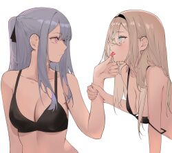 Rule 34 | 2girls, ak-12 (girls&#039; frontline), an-94 (girls&#039; frontline), aqua eyes, black bra, black hairband, black ribbon, blonde hair, bra, breasts, cleavage, eye contact, girls&#039; frontline, grabbing another&#039;s hand, grey hair, hair ribbon, hairband, hand on another&#039;s chin, highres, long hair, looking at another, medium breasts, multiple girls, pink eyes, ribbon, saliva, talnory, tongue, tongue out, underwear, underwear only, upper body, yuri