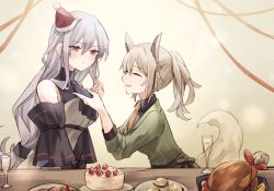 Rule 34 | 2girls, :t, arknights, ascot, bare shoulders, black ascot, boned meat, breasts, cake, champagne flute, closed eyes, closed mouth, cup, detached sleeves, dress, drinking glass, eating, feeding, food, from side, gradient background, grani (arknights), green dress, grey hair, hat, horse tail, large breasts, leaning forward, long hair, long sleeves, low ponytail, meat, multiple girls, necktie, parted lips, plate, ponytail, profile, red headwear, saiko (saisaka), santa hat, sidelocks, skadi (arknights), skadi (elite ii) (arknights), tail, upper body, v-shaped eyebrows, very long hair, wing collar, yellow background, yellow necktie