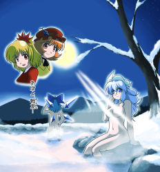 Rule 34 | 4girls, aki minoriko, aki shizuha, alternate hairstyle, ass, bare tree, breasts, cirno, hair ornament, highres, iwatobi hiro, leaf, leaf hair ornament, letty whiterock, long hair, moon, multiple girls, navel, night, nude, onsen, outdoors, projected inset, siblings, sisters, small breasts, snow, touhou, tree