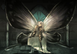 Rule 34 | 1girl, absurdres, airy (bravely default), bare shoulders, black gloves, bravely default: flying fairy, bravely default (series), butterfly wings, cross-laced clothes, cross-laced legwear, dress, fairy, fairy wings, full body, gloves, highres, insect wings, long hair, looking at viewer, mini person, minigirl, morino0903, pointy ears, short dress, sitting, smile, solo, strapless, strapless dress, white dress, white hair, wings