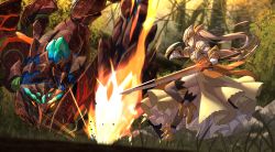 Rule 34 | 1girl, arm shield, armor, blurry, blurry background, braid, breastplate, breasts, brown footwear, brown hair, brown thighhighs, closed mouth, commentary request, depth of field, dutch angle, fire, flower knight girl, forest, gauntlets, hair between eyes, high heels, holding, holding sword, holding weapon, kinrenka (flower knight girl), long hair, looking away, medium breasts, mizunashi (second run), monster, nature, outdoors, ponytail, profile, red eyes, scorpion, shield, shoes, solo, standing, standing on one leg, sword, thighhighs, very long hair, weapon