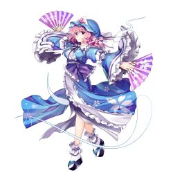 Rule 34 | 1girl, black footwear, blue hat, blue kimono, breasts, closed mouth, flower, folding fan, frilled kimono, frills, full body, game cg, hand fan, hat, highres, holding, holding fan, japanese clothes, kimono, large breasts, long sleeves, looking at viewer, mob cap, pink eyes, pink flower, pink hair, rotte (1109), saigyouji yuyuko, short hair, simple background, socks, solo, third-party source, touhou, touhou lostword, triangular headpiece, white background, white socks, wide sleeves