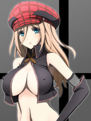 Rule 34 | 10s, 1girl, alisa ilinichina amiella, blonde hair, blue eyes, breasts, cleavage, elbow gloves, covered erect nipples, gloves, god eater, god eater burst, hat, large breasts, no bra, open clothes, open shirt, shirt, solo, wakame