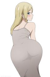 1girl ass ass_focus blonde_hair blue_eyes blush braid commentary coro_fae cowboy_shot dress english_commentary fanbox_username from_behind grey_dress hayasaka_ai haysaca_a._smithee highres kaguya-sama_wa_kokurasetai_~tensai-tachi_no_renai_zunousen~ leaning_forward long_hair looking_at_viewer looking_back paid_reward_available parted_lips profile side_braid simple_background single_braid sleeveless sleeveless_dress solo standing sweat tight_clothes tight_dress twitter_username white_background