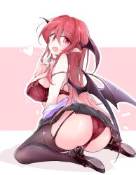 Rule 34 | 1girl, ass, bat wings, between breasts, black skirt, black thighhighs, blouse, bra, breasts, demon girl, demon wings, fangs, frilled bra, frills, full body, fumitsuki (minaduki 6), garter straps, hair between eyes, hat ornament, head wings, koakuma, large breasts, long hair, long sleeves, looking at viewer, necktie, necktie between breasts, off shoulder, open clothes, open shirt, outline, panties, partially undressed, pink background, pointy ears, purple shirt, red eyes, red hair, shirt, sitting, skirt, smile, solo, thighhighs, thighs, touhou, underwear, white background, white outline, wings