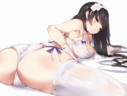 Rule 34 | 1girl, ass, bad id, bad pixiv id, bare shoulders, black hair, blush, bra, breasts, cameltoe, clothing removed, collarbone, fingerless gloves, flower, frown, girls&#039; frontline, gloves, hair flower, hair ornament, hairband, large breasts, long hair, looking away, lying, panties, side-tie panties, simple background, solo, spread legs, tagme, thighhighs, type 95 (girls&#039; frontline), type 95 (summer cicada) (girls&#039; frontline), underwear, unimon e, very long hair, white background, white bra, white thighhighs, yellow eyes