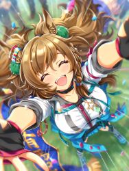 1girl absurdres arms_up bad_link belt blast_onepiece_(umamusume) blurry blurry_background blush boots braid breasts brown_hair closed_eyes collarbone confetti fingernails fluffy_hair gloves hair_between_eyes hair_ornament highres horse_girl large_breasts long_hair looking_at_viewer official_art open_mouth side_braid solo teeth twintails umamusume upper_teeth_only