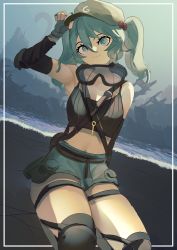 Rule 34 | 1girl, absurdres, armpits, belt, blue eyes, blue hair, breasts, cleavage, compression sleeve, crop top, fingerless gloves, gloves, goggles, goggles around neck, highres, kawashiro nitori, knee pads, medium hair, midriff, naufaldreamer, navel, pocket, short twintails, shorts, sidelocks, solo, touhou, twintails, two side up