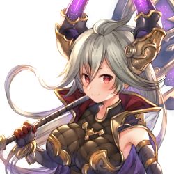 Rule 34 | 1girl, armpits, axe, bare shoulders, black gloves, blush, breasts, closed mouth, commentary request, curled horns, detached sleeves, draph, fur-trimmed gloves, fur trim, gloves, granblue fantasy, hair between eyes, holding, holding axe, holding weapon, horns, large breasts, long hair, long sleeves, looking at viewer, narusegawa riko, over shoulder, red eyes, silver hair, simple background, sleeveless, smile, solo, threo (granblue fantasy), very long hair, weapon, weapon over shoulder, white background
