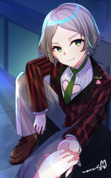Rule 34 | 1girl, absurdres, brown footwear, closed mouth, collared shirt, denonbu, earrings, green eyes, green necktie, grey hair, grey pants, haijima ginka, highres, jacket, jewelry, long sleeves, looking at viewer, mole, necktie, nonkomu (furiten5553), pants, shirt, shoes, short hair, sitting, smile, solo, striped clothes, striped jacket, vertical-striped clothes, vertical-striped jacket, white shirt