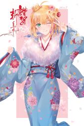 Rule 34 | 1girl, 2017, :q, ahoge, artoria pendragon (fate), blonde hair, blue kimono, commentary request, fate/stay night, fate (series), floral print, flower, fur trim, green eyes, highres, japanese clothes, kimono, lapis (13567118), looking at viewer, nengajou, new year, one eye closed, saber (fate), sash, short hair, solo, tongue, tongue out, two-tone background, v