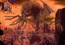Rule 34 | absurdres, city, cityscape, cloud, cthulhu, cthulhu mythos, dust, highres, hiyokemusi, monochrome, monster, no humans, red sky, red theme, ruins, sky, tentacles, wings