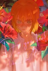 Rule 34 | 1boy, alternate costume, bei1997, blonde hair, english text, floral background, flower request, green eyes, highres, hunter x hunter, kurapika, looking at viewer, male focus, portrait, red eyes, shirt, short hair, solo, v-neck, white shirt, wide-eyed