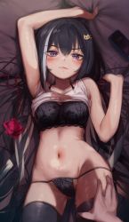 Rule 34 | 1boy, 1girl, absurdres, arm up, armpits, bed sheet, black bra, black hair, black panties, black thighhighs, blush, bra, breasts, cellphone, clothes lift, collarbone, condom, condom wrapper, grey hair, hair ribbon, hand on another&#039;s leg, highres, karyl (princess connect!), karyl (real) (princess connect!), long hair, low twintails, lying, multicolored hair, navel, on back, panties, parted lips, phone, princess connect!, purple eyes, red ribbon, ribbon, sheet grab, shiny skin, shirt lift, skindentation, solo focus, streaked hair, teeth, thighhighs, torriet, twintails, underwear