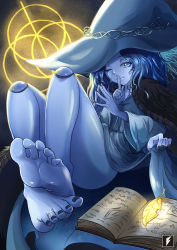 Rule 34 | 1girl, barefoot, blue eyes, blue hair, blue skin, book, colored skin, doll joints, elden ring, feet, finger to mouth, foot focus, hat, highres, jewelry, joints, long hair, looking at viewer, one eye closed, ranni the witch, shushing, smile, soles, toe ring, toes, witch hat