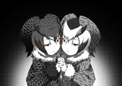 Rule 34 | 10s, 2girls, brown eyes, closed mouth, commentary, eurasian eagle owl (kemono friends), frown, fur collar, greyscale, halftone, head wings, holding hands, interlocked fingers, kaya (nari1-24), kemono friends, looking at viewer, monochrome, multiple girls, northern white-faced owl (kemono friends), red eyes, short hair, spot color, standing, symmetrical hand pose, symmetry, upper body, wings