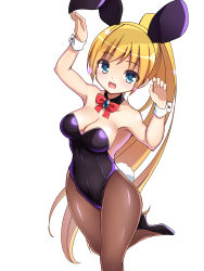 Rule 34 | 1girl, absurdres, animal ears, armpits, bare shoulders, blonde hair, blush, bow, bowtie, breasts, brown pantyhose, cleavage, collarbone, detached collar, elsword, fake animal ears, highres, leotard, long hair, medium breasts, pantyhose, playboy bunny, ponytail, rabbit ears, rabbit tail, red bow, red bowtie, ribbon, simple background, smile, solo, standing, standing on one leg, tail, very long hair, white background, zetsuei (zetto)