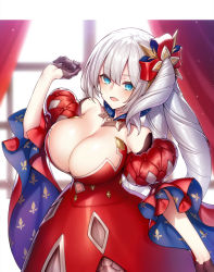Rule 34 | 1girl, bare shoulders, blue eyes, breasts, cleavage, dress, fate/grand order, fate/requiem, fate (series), gloves, half gloves, highres, kodama yuu, large breasts, long hair, marie antoinette (alter) (fate), marie antoinette (fate), red gloves, revision, side ponytail, silver hair, smile, solo, very long hair