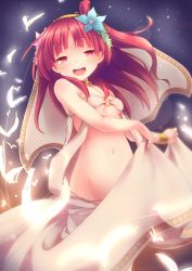Rule 34 | 1girl, :d, bare shoulders, blush, bracelet, breasts, bug, butterfly, cleavage, dancing, female focus, flower, groin, hair bun, harem outfit, insect, jewelry, long hair, looking at viewer, magi the labyrinth of magic, midriff, mokoke, morgiana, navel, no panties, o-ring, o-ring top, open mouth, red eyes, red hair, revealing clothes, rukh, sexually suggestive, short hair, side ponytail, single hair bun, small breasts, smile, solo, underboob