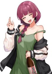 Rule 34 | 1girl, absurdres, bare shoulders, blunt bangs, blush, bocchi the rock!, bottle, braid, breasts, cleavage, closed eyes, collarbone, cowboy shot, green tank top, highres, hiroi kikuri, holding, jacket, kushinaka, long hair, long sleeves, medium breasts, nail polish, off shoulder, open clothes, open jacket, open mouth, purple hair, sharp teeth, simple background, smile, solo, strap slip, sweatdrop, tank top, teeth, white background