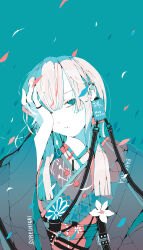 Rule 34 | 1girl, absurdres, blue background, blue eyes, buckle, closed mouth, commentary request, covering one eye, ear piercing, expressionless, falling leaves, floral print, flower, hand on own face, haori, head tilt, highres, japanese clothes, jewelry, kimono, leaf, long bangs, long hair, long sleeves, looking at viewer, multicolored clothes, multicolored hair, multicolored kimono, no pupils, nocopyrightgirl, obi, original, pale skin, piercing, red hair, ring, sash, sidelocks, solo, streaked hair, upper body, white flower, white hair, wide sleeves