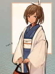 Rule 34 | 1girl, artist name, blue kimono, blush, brown eyes, brown hair, closed mouth, furisode, hair between eyes, holding, i-401 (kancolle), japanese clothes, kantai collection, kimono, long sleeves, obi, ponytail, sash, short hair, signature, smile, solo, upper body, wide sleeves, wss (nicoseiga19993411)