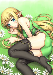 Rule 34 | 1girl, bare shoulders, black thighhighs, blonde hair, blue eyes, blush, boots, bracelet, daisy, dress, elf, female focus, flower, green dress, high heels, jewelry, long hair, lying, no panties, on side, pointy ears, ring, shoes, short dress, smile, solo, tanaka shoutarou, thigh boots, thighhighs, yuukyuu no sharin