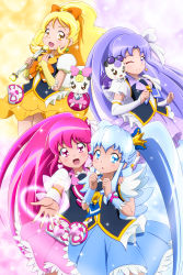 Rule 34 | 10s, 4girls, ;), absurdres, aino megumi, blonde hair, blue eyes, blue hair, bow, brooch, choker, closed eyes, crown, cure fortune, cure honey, cure lovely, cure princess, earrings, hair ornament, hair ribbon, happinesscharge precure!, heart, heart brooch, heart hair ornament, highres, hikawa iona, jewelry, kiyu (doremi&#039;s party), long hair, magical girl, multiple girls, one eye closed, oomori yuuko, open mouth, outstretched arm, pink eyes, pink hair, ponytail, precure, purple eyes, purple hair, ribbon, shirayuki hime, skirt, smile, twintails, wide ponytail, yellow eyes