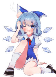 Rule 34 | 1girl, absurdres, arm up, blue bow, blue dress, blue eyes, blue hair, blush, bow, brown footwear, cirno, cirno day, collared shirt, crying, dress, frown, full body, furrowed brow, hair bow, head bump, highres, ice, ice wings, iwakoo, mary janes, neck ribbon, open mouth, pinafore dress, puffy short sleeves, puffy sleeves, red ribbon, ribbon, shirt, shoes, short dress, short hair, short sleeves, simple background, sleeveless dress, socks, solo, touhou, wavy mouth, white background, white shirt, white socks, wings