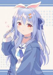 Rule 34 | 1girl, animal ears, blue hair, blue jacket, blue neckerchief, blue ribbon, blush, breasts, bunching hair, carrot hair ornament, choker, double bun, dress, food-themed hair ornament, fur-trimmed jacket, fur trim, hair between eyes, hair bun, hair ornament, hair ribbon, hairclip, highres, hololive, jacket, long hair, looking at viewer, neckerchief, official alternate costume, rabbit-shaped pupils, rabbit ears, rabbit girl, red eyes, ribbon, sailor collar, sailor dress, small breasts, solo, symbol-shaped pupils, thick eyebrows, tied ears, two side up, usada pekora, usada pekora (casual), virtual youtuber, white choker, white dress, white sailor collar, yomiya yumeha