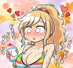 Rule 34 | 1girl, bare shoulders, bikini, blank eyes, blonde hair, blush, breasts, cleavage, collarbone, cup, earrings, embarrassed, floral background, flower, flower earrings, food, front-tie bikini top, front-tie top, hair flower, hair ornament, hand up, heart, heavy breathing, holding, holding cup, idolmaster, idolmaster cinderella girls, idolmaster cinderella girls starlight stage, jewelry, large breasts, long hair, looking at another, looking down, mismatched bikini, motion lines, multicolored background, multiple bracelets, o-ring, o-ring bikini, ohtsuki yui, open mouth, orange flower, pink flower, ponytail, purple flower, red flower, shaved ice, solo, striped bikini, striped clothes, sweat, swimsuit, tsunamayo, upper body, wavy hair, wet, white flower, yellow flower