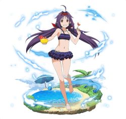 Rule 34 | 1girl, ahoge, anklet, ball, barefoot, beachball, bikini, bikini skirt, black bikini, floating hair, food, fruit, full body, grin, hair ribbon, hairband, holding, holding food, jewelry, layered skirt, leg up, long hair, looking at viewer, navel, necklace, palm tree, pointy ears, purple hair, red eyes, red hairband, red ribbon, ribbon, simple background, skirt, smile, solo, standing, striped bikini, striped clothes, swimsuit, sword art online, tree, twintails, very long hair, water, white background, yuuki (sao)