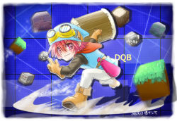 Rule 34 | 1boy, 2016, bag, blue hat, boots, copyright name, dated, dragon quest, dragon quest builders, full body, gloves, goggles, goggles on head, grass, hammer, hat, hero (dqb), looking at viewer, male builder (dqb), male focus, mallet, red eyes, red hair, rock, solo, yaki sanma