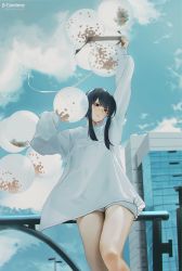 Rule 34 | 1girl, absurdres, balloon, black hair, blouse, building, highres, lufi ays, photo-referenced, red eyes, shirt, shorts, sky, spy x family, thighs, white shirt, white shorts, yor briar