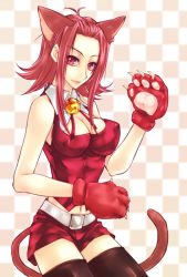 Rule 34 | animal ears, animal hands, bell, breasts, cat ears, cat tail, cleavage, gloves, izayoi aki, paw gloves, red eyes, red hair, tail, yu-gi-oh!, yu-gi-oh! 5d&#039;s