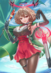 Rule 34 | 1girl, azur lane, black gloves, breasts, brown hair, brown pantyhose, cape, drill hair, duca degli abruzzi (azur lane), earrings, elbow gloves, gem, gloves, gold trim, green cape, high-waist skirt, highres, holding, holding staff, italian flag, jewelry, large breasts, long hair, looking at viewer, mechanical arms, pantyhose, prosthesis, prosthetic arm, red eyes, red gemstone, red skirt, short hair, single mechanical arm, skirt, solo, staff, thighs, torpedo, yam (yam6056)