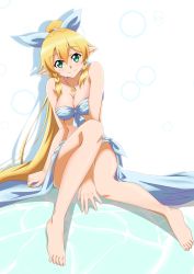 Rule 34 | 1girl, absurdres, barefoot, between legs, bikini, blonde hair, blue bikini, blue bow, bow, braid, breasts, cleavage, closed mouth, collarbone, green eyes, hair between eyes, hair bow, hand between legs, high ponytail, highres, jewelry, ken-ji, leafa, long hair, looking at viewer, medium breasts, necklace, pointy ears, sarong, shadow, shell, shell necklace, simple background, sitting, smile, solo, strapless, strapless bikini, swimsuit, sword art online, twin braids, very long hair, white background