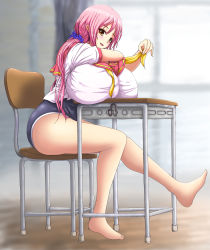 Rule 34 | 1girl, aizawa momoka, barefoot, blush, breast rest, breasts, btk, chair, classroom, desk, feet, female focus, full body, honoo no haramase paidol my star gakuen z, huge breasts, legs, long hair, looking at viewer, one-piece swimsuit, open mouth, pink hair, school, school uniform, sitting, smile, solo, squeez (artist), swimsuit, swimsuit under clothes, yellow eyes