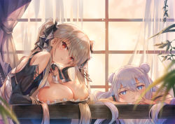 Rule 34 | + +, 2girls, :t, azur lane, bare shoulders, between breasts, black dress, blue eyes, blush, breast rest, breasts, cleavage, closed mouth, collarbone, double bun, dress, earrings, formidable (azur lane), frilled dress, frills, grey hair, hair between eyes, hair bun, hair ribbon, head on hand, head tilt, inoue takuya (tactactak), jewelry, large breasts, le malin (azur lane), le malin (sleepy sunday) (azur lane), long hair, long sleeves, looking at viewer, multiple girls, red eyes, ribbon, sidelocks, symbol-shaped pupils, twintails, two-tone dress, two-tone ribbon, very long hair, white dress