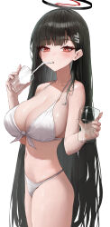 Rule 34 | 1girl, absurdres, bare arms, bare legs, bare shoulders, bikini, black hair, blue archive, blush, breasts, cleavage, cowboy shot, cup, drinking straw, hair ornament, hairpin, halo, highres, holding, holding cup, hwan (verypoor), large breasts, long hair, looking at viewer, open mouth, red eyes, rio (blue archive), simple background, solo, swimsuit, white background, white bikini